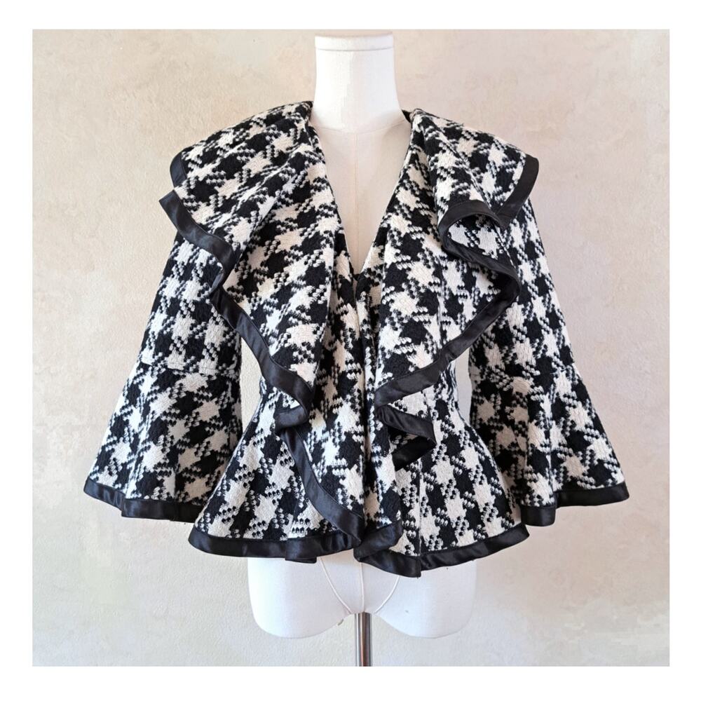 Anthropologie RYU Houndstooth Ruffle Peplum Jacket Small Black White BellSleeve
